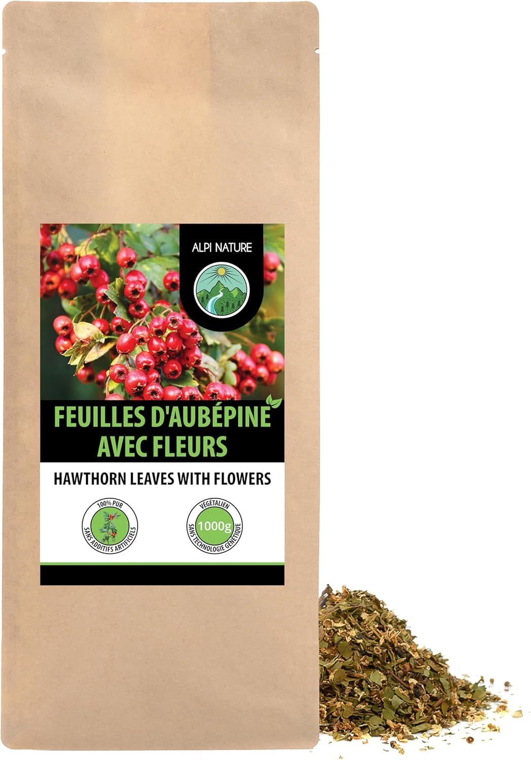 Infusion d'aubépine (1kg), Feuilles avec fleurs, Tisane d'aubépine, Thé d'aubépine, coupée, déshydratée en douceur, épine de haie 100% pure et naturelle