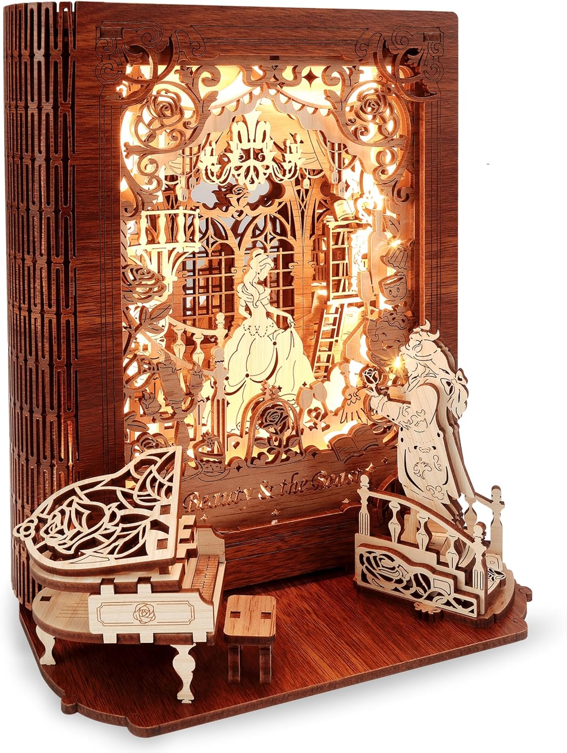 Puzzle 3D La Belle et la Bête Veilleuse - Cadeaux Puzzle 3D LED - Maquette en Bois à Construire Storybook Veilleuse Décoration d'intérieur pour Enfants et Adultes (La Belle et la Bête)