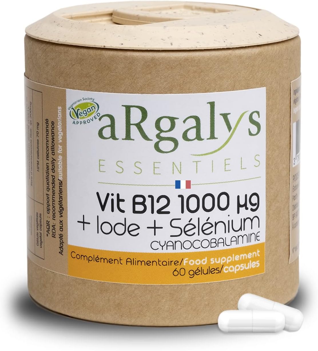 Vitamine B12 Vegan 1000 µg - Cure de 7 mois - + Iode et Sélénium - Cyanocobalamine - Recyclable - 60 gélules fabriquées en France - Compléments alimentaires - Argalys Essentiels…