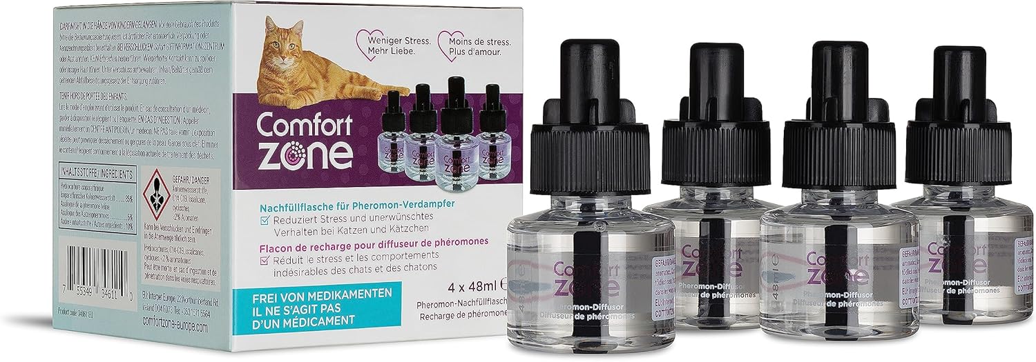 Pack éco de 4 recharges pour diffuseur Comfort Zone (120 Jours) – des phéromones: réduit Le Stress, Le marquage urinaire, Les griffades et Autres comportements problématiques.