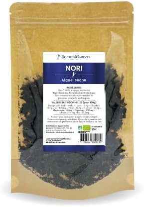 Roches Marines - Algue Nori en paillettes pour vos recettes - 50 g - Riche en Calcium, Iode, Potassium, Phosphore, Fer et Zinc - Fabriqué en France - Pour salades et poissons
