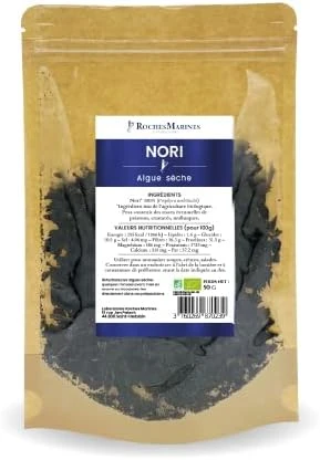 Roches Marines - Algue Nori en paillettes pour vos recettes - 50 g - Riche en Calcium, Iode, Potassium, Phosphore, Fer et Zinc - Fabriqué en France - Pour salades et poissons
