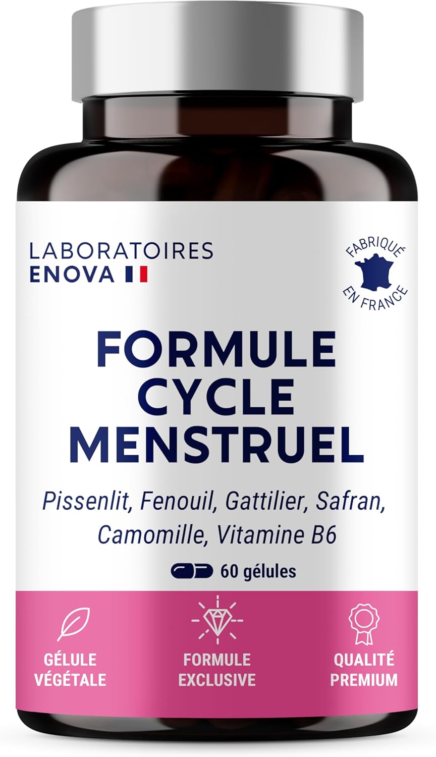 FORMULE CYCLE MENSTRUEL - SPM + Règles douloureuses - Pissenlit, Fenouil, Gattilier, Safran, Grande Camomille, Vitamine B6 - Complement Alimentaire 100% Naturel - 60 Gélules - Fabriqué en France
