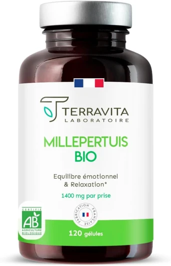Millepertuis BIO - 700 mg - 100% Sommités Fleuries riches en Principes Actifs - Sommeil Réparateur - Bonne Humeur - Anti-Stress - 100% Vegan Sans Excipients - 120 Gélules - Made in France - Terravita