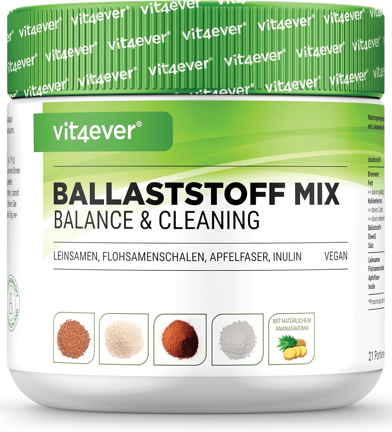 Combinaison de fibres alimentaires - 400 g de poudre avec de l'enveloppe de psyllium, de l'inuline (prébiotique), des fibres de pomme, des graines de lin - Haute teneur en fibres alimentaires - Vegan