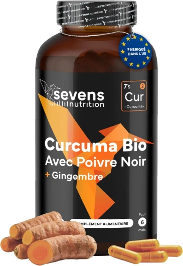 Curcuma Bio Gélule Anti Inflammatoire avec Gingembre et Poivre Noir – 1410 mg par Dose – 365 Gélules – Format XL Éco – Complément Articulations Os Vegan Naturel – Sevens