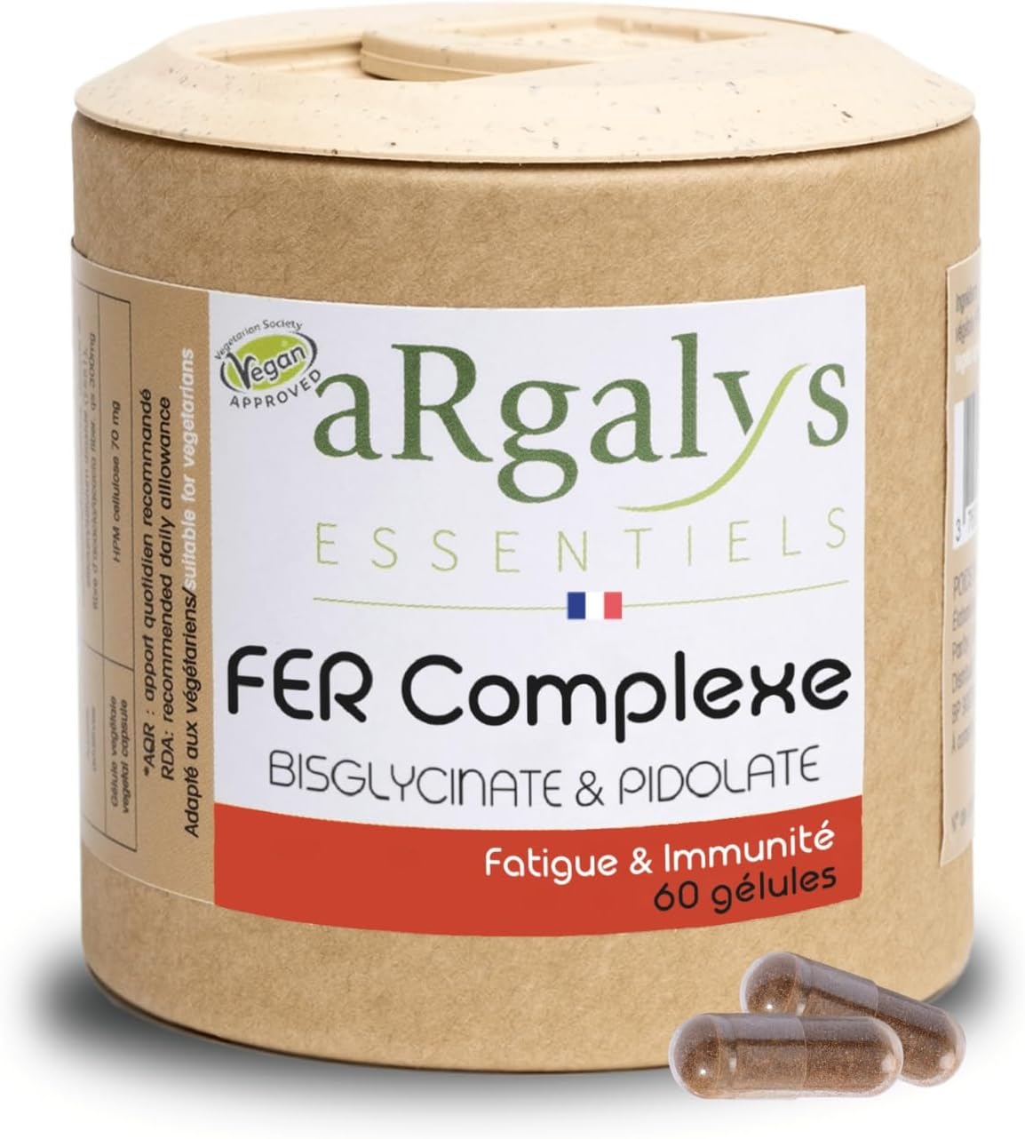 Fer Bisglycinate 14 mg + Vitamine C Bio, Haute Absorption, Sans Troubles Digestifs avec vitamine B9, 60 gélules vegan (2 mois), 100% des besoins, Anti-fatigue + Energie, Argalys