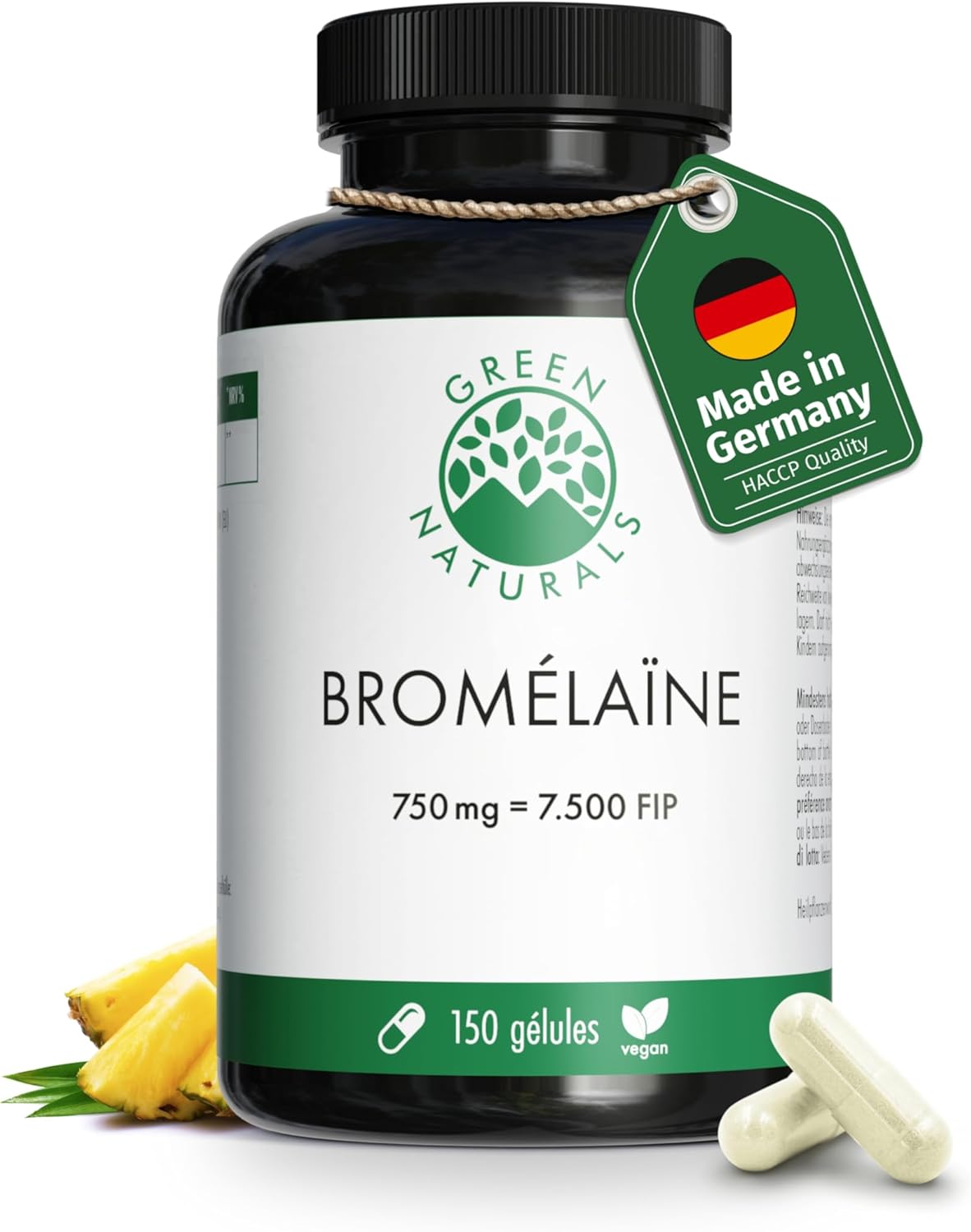 Bromélaïne - 750 mg (7 500 F.I.P - = 3 750 GDU) - 150 gélules - 5 mois d'approvisionnement - Gélules gastro-résistantes - Extrait naturel d'ananas - Green Naturals®