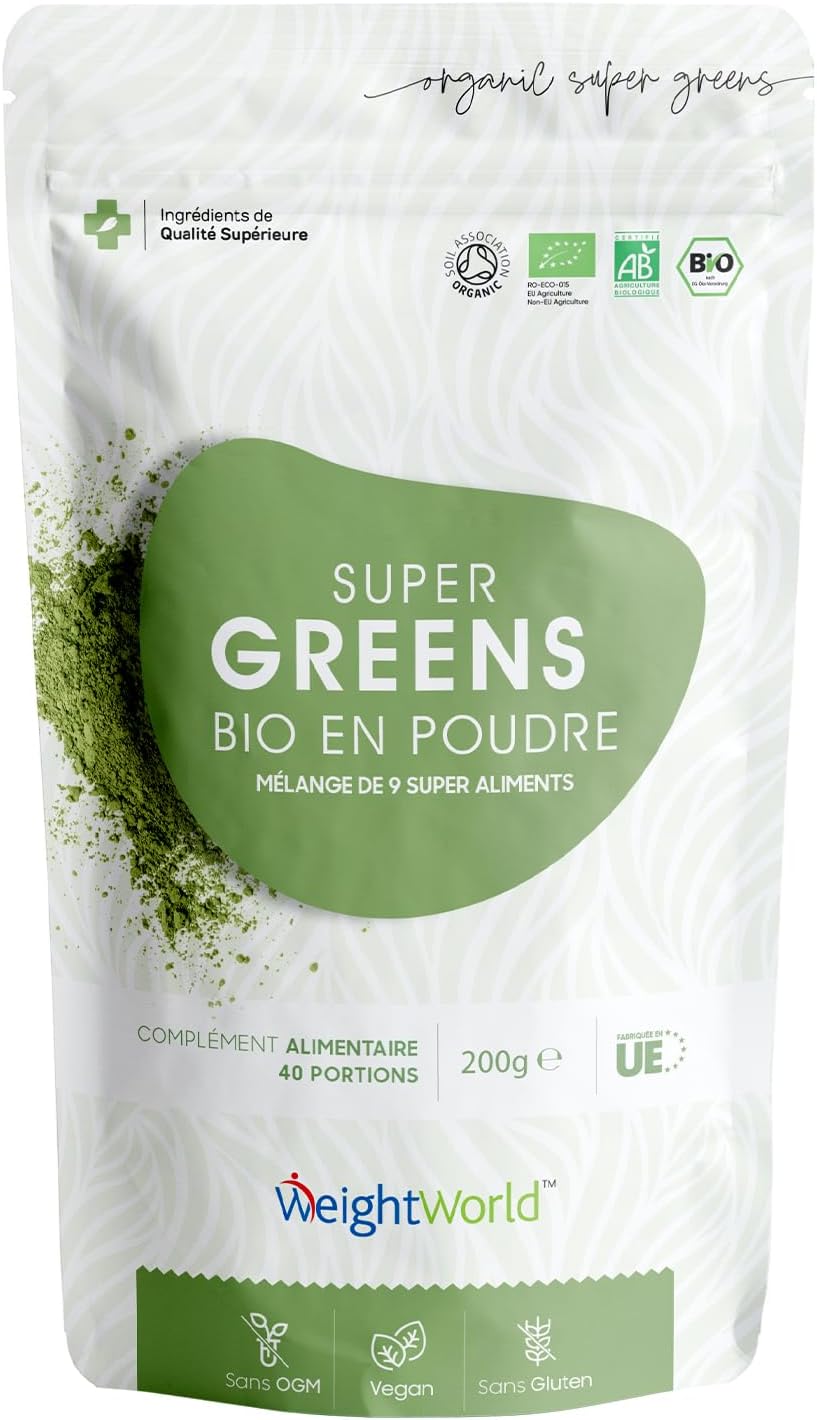 Super Greens en Poudre Bio 200g 40 Portions - 9 Super Aliments Riche en Vitamines & Minéraux - Poudre de Maca, Guarana, Matcha Bio, Chlorella Chlorophylle, Baobab, Herbe de Blé, Acai, Orge, Lin