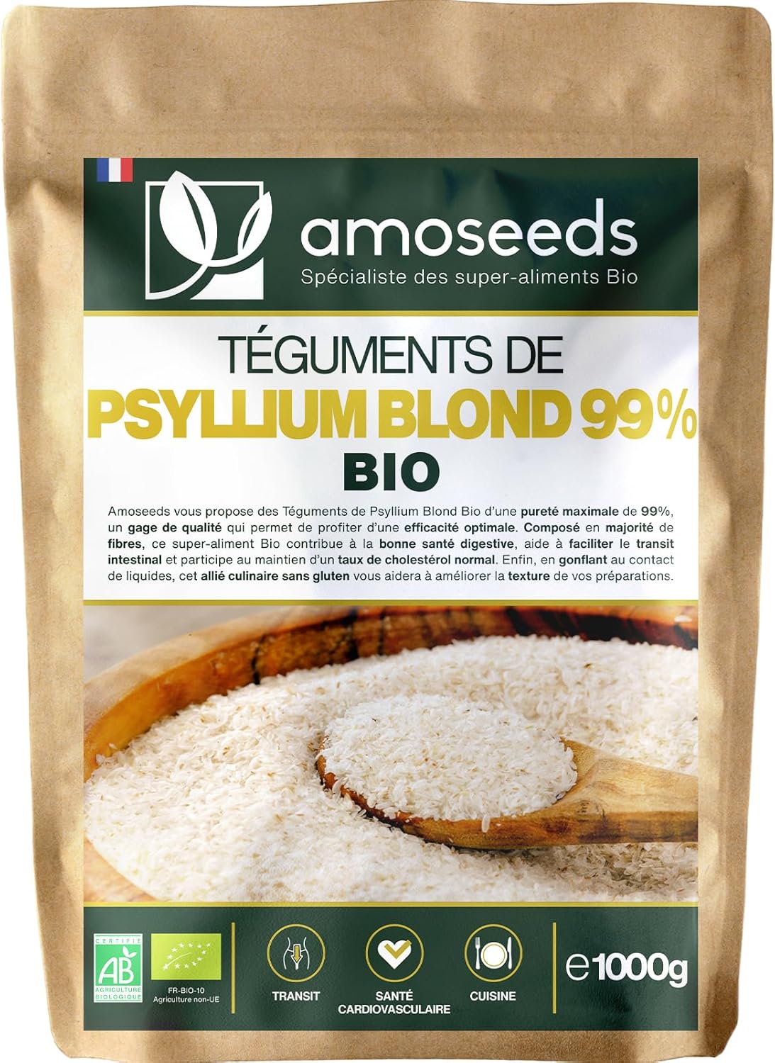 Psyllium Blond Bio 1KG - Téguments Purs 99% - 88% de Fibres, Transit, Sans gluten - Qualité Supérieure…