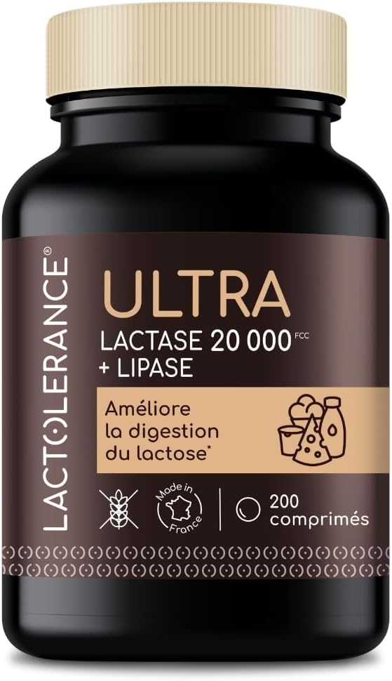 LACTOLERANCE ULTRA – Complément Alimentaire Double Action avec Lactase 20 000 FCC et Lipase 500 UI – Digestion Optimale du Lactose et des Graisses – Flacon de 200 Comprimés – Fabriqué en France