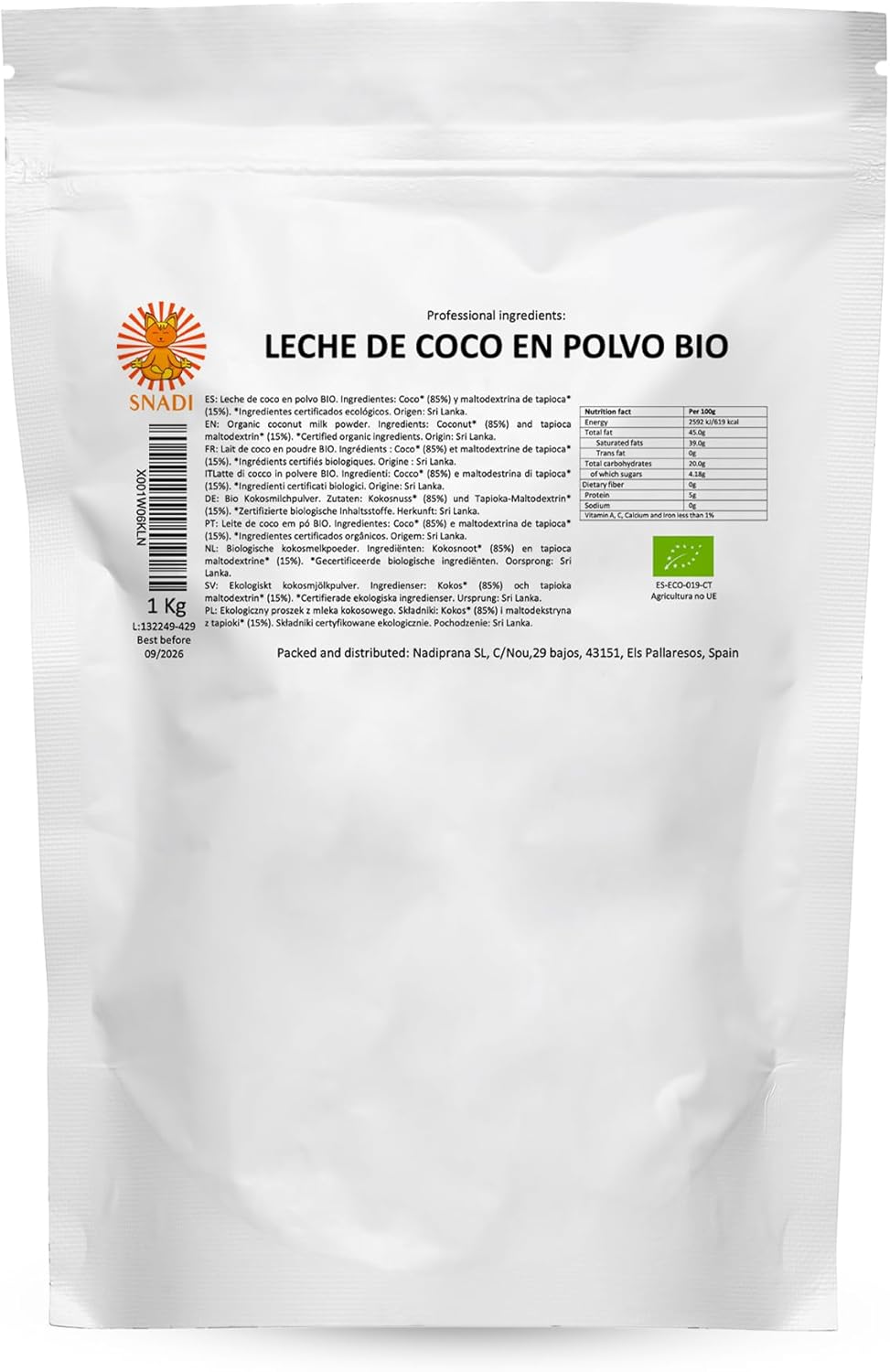 Lait de Coco en Poudre BIO du Sri Lanka - 1KG - 100% Naturel et Biologique - Emballage en Sachet Plastique Recyclable - Sans Additifs ni Conservateurs - Idéal pour Smoothies, Currys