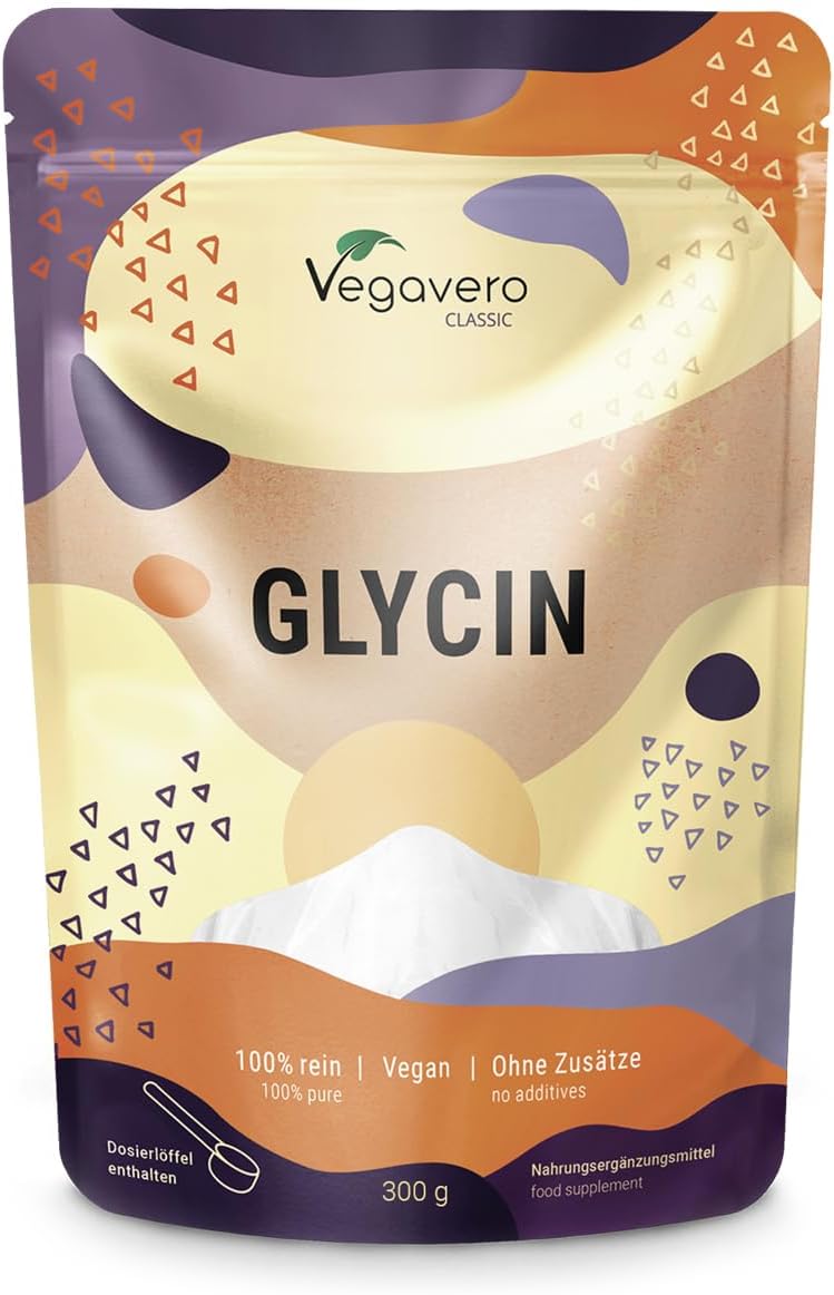 Glycine Poudre Vegavero® - 100% Pure, Sans Additifs et Vegan - Analysé en Laboratoire - 300 g - Synthèse du Collagène & Aide au Sommeil - Avec Cuillère à Mesurer