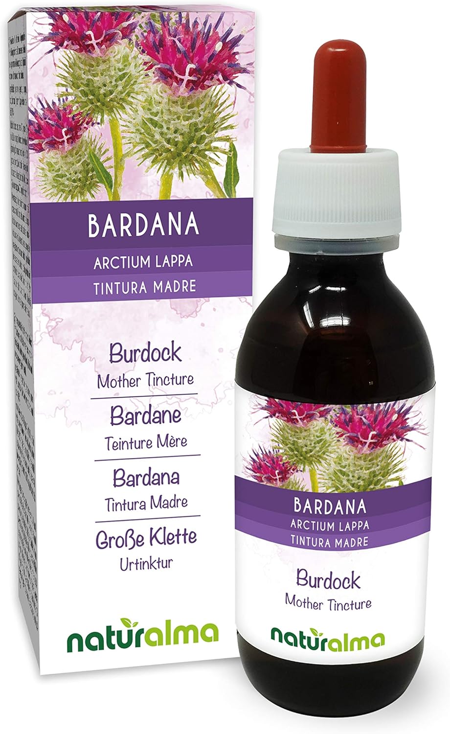 Bardane (Arctium lappa) herbe et racines Teinture Mère sans alcool Naturalma - Extrait liquide gouttes 120 ml - Complément alimentaire - Végétalien ou végan