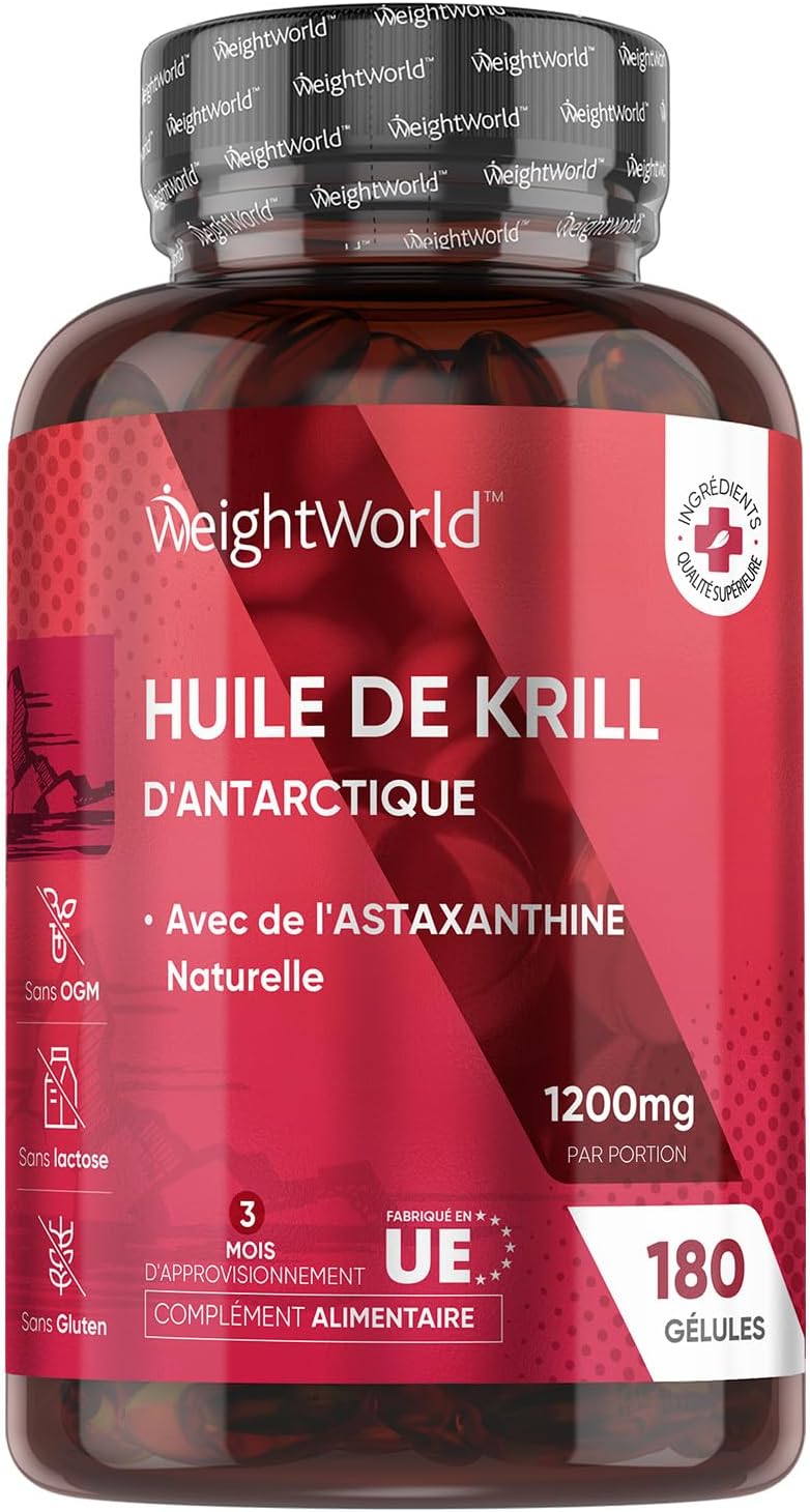 Huile de Krill d'Antarctique 1200mg Oméga 3 DHA EPA 180 Gélules Huile de Krill 3 Mois, Acides Gras Essentiels Avec Astaxanthine, Phospholipides Marins et Choline Alternative à L'Huile de Poisson