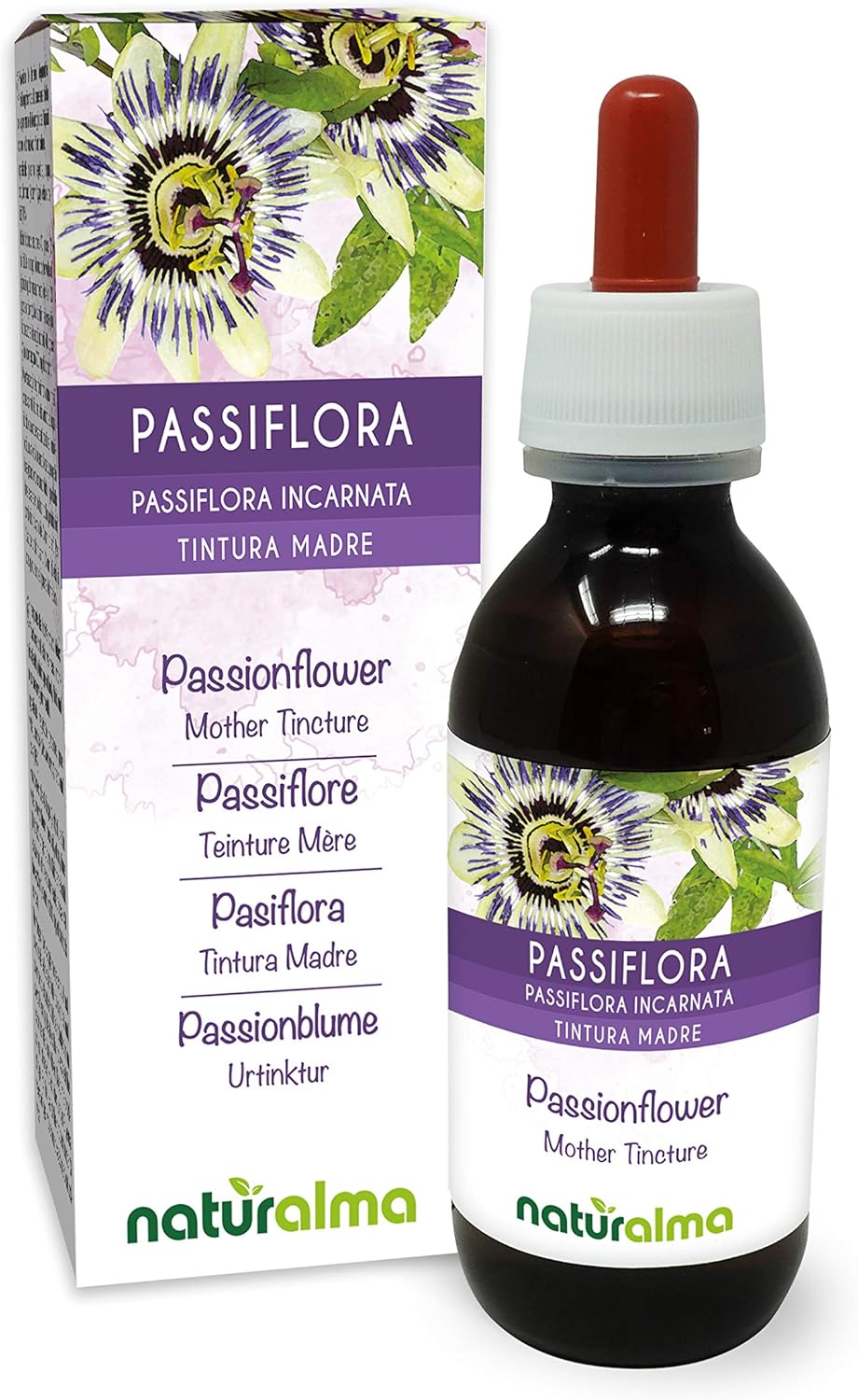 Passiflore (Passiflora incarnata) herbe avec fleurs Teinture Mère sans alcool Naturalma - Extrait liquide gouttes 120 ml - Complément alimentaire - Végétalien ou végan
