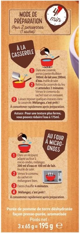 Mousline Authentique Purée Onctueuse Prête en 2 Min - Format 2 Pers - 195g Facile, Rapide, Délicieuse - Idéale pour Repas Express et Gourmand - Le Lot De 4