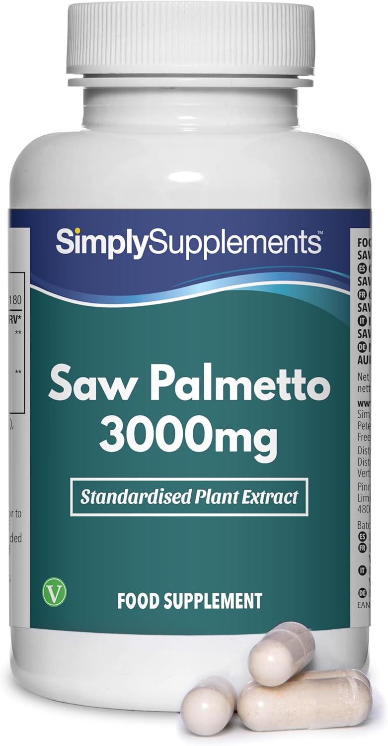 Gélules de Saw Palmetto 3000mg - Extrait standardisé à haute puissance - Végan & Végétarien - 180 Gélules = 4 Mois de Cure - Fabriqué au Royaume-Uni selon les normes GMP