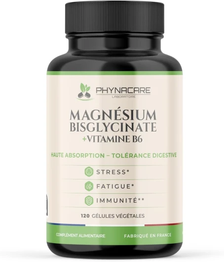 Magnésium Bisglycinate + Vitamine B6 Premium - 120 Gélules Végétales - Haute Absorption - Anti-Stress, Anti-Fatigue - Soutien Musculaire, Nerveux et Immunitaire - Fabriqué en France