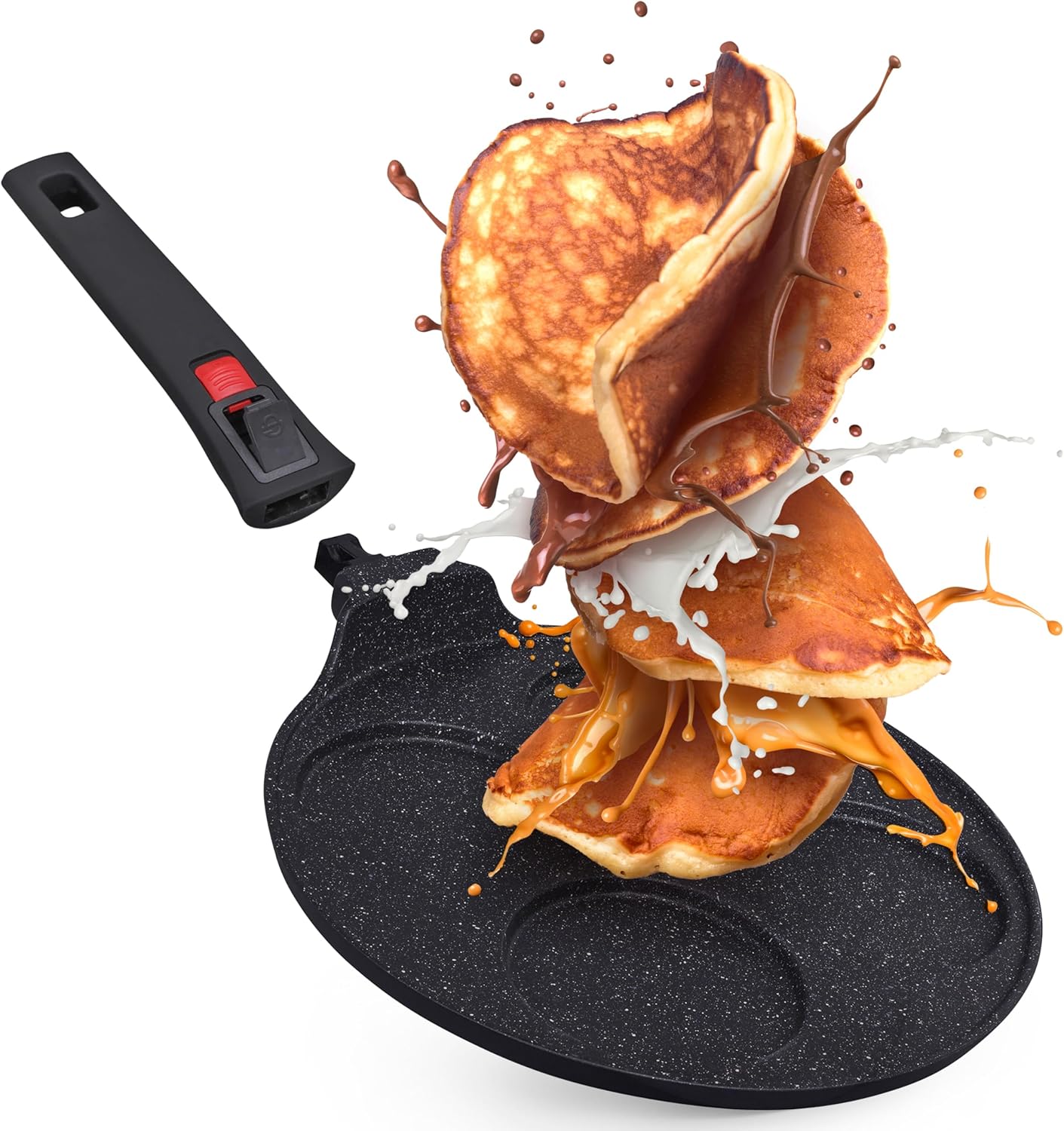 INTIGNIS® Poêle à crêpes antiadhésive - Mini-crêpière multi-trous avec poignée amovible, poêle à crêpes et crêpes de style américain à 4 trous pour des crêpes individuelles parfaites