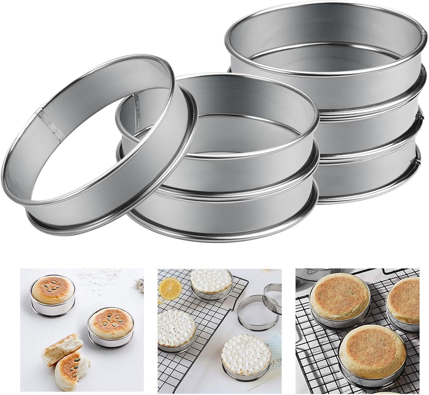 6 Pièces Cercle Patisserie, Cercle à Tarte Rond en Inox à Bord Roulé, 10,5 x 2.5cm Cercle Tartelette, Antiadhésif Cercle a Tarte, Cercle Tarte, pour Mousse, Muffins, Tartes, Gâteaux, Crumpets