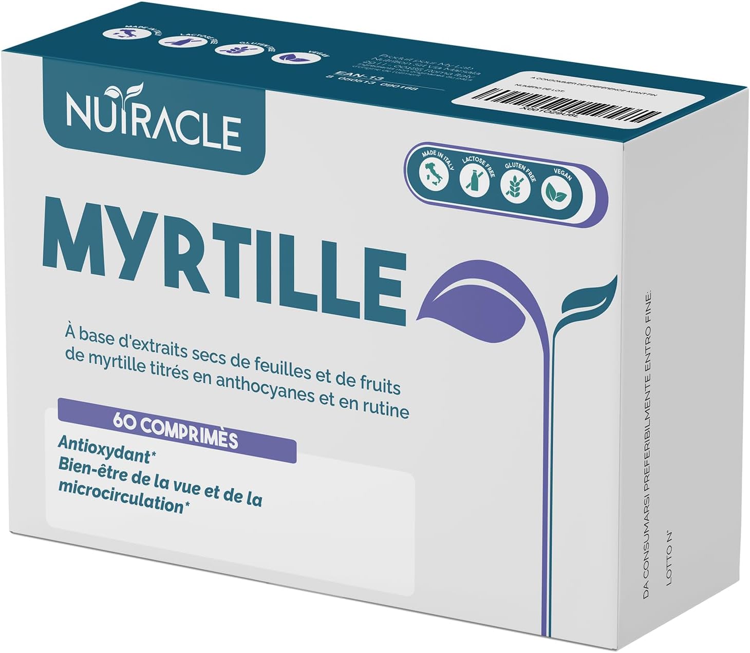 Nutracle, Myrtille 600 mg 60 comprimés - Supplément Microcirculation Jambes, Capillaires, Veines Yeux et Vue - Drainant pour Circulation, Titré en Anthocyanes et Rutine
