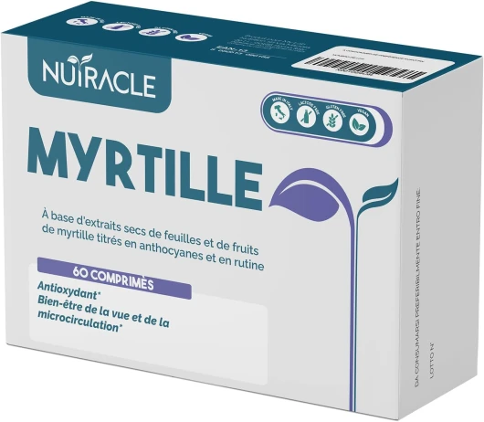 Nutracle, Myrtille 600 mg 60 comprimés - Supplément Microcirculation Jambes, Capillaires, Veines Yeux et Vue - Drainant pour Circulation, Titré en Anthocyanes et Rutine