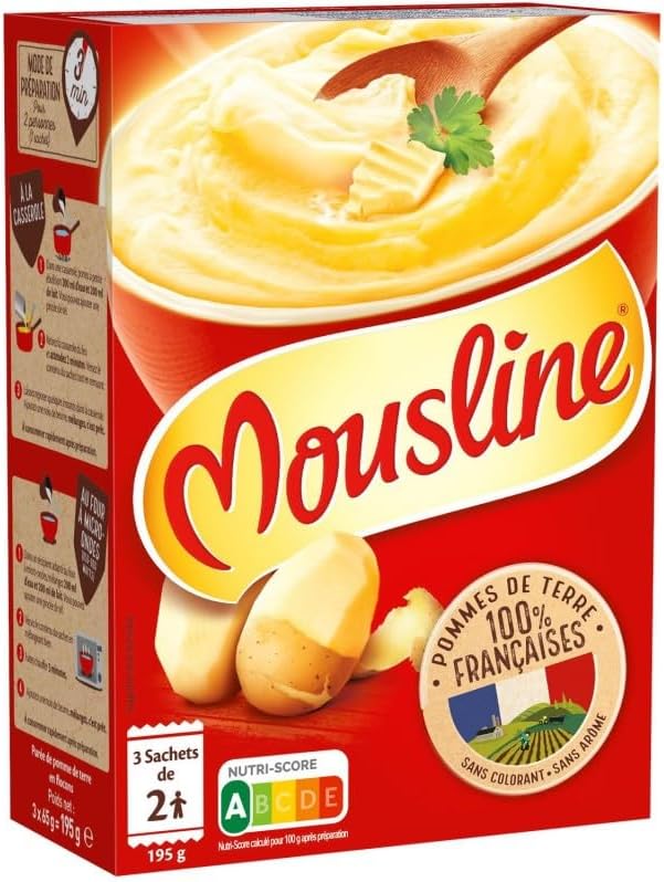 MOUSLINE Purée Nature 3 Sachets pour 2 - Format Pratique 195g - Purée de Pommes de Terre Savoureuse - Idéale pour vos Accompagnements Quotidiens! - Le Lot De 4