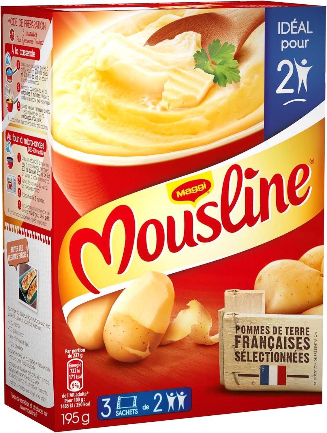 Mousline Purée de Pomme de Terre Nature (3 Sachets) 195g - Lot de 4