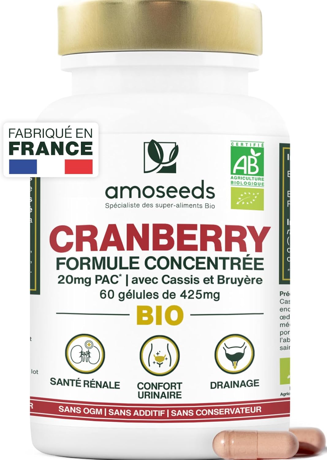 Cranberry BIO - 5% PAC, Extrait Haute Concentration - Confort Urinaire, Reins, Vessie - Formule avec Cassis et Bruyère Bio - 60 gélules - Fabriqué en France - Qualité Supérieure