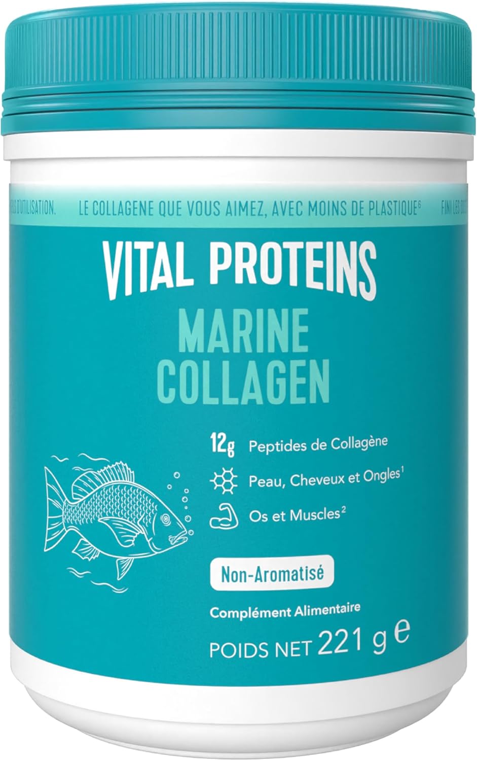 Marine Collagen, Collagène Marin en poudre (Type I), Collagène hydrolysé Peau, Cheveux, Ongles, Os, Muscles, Non Aromatisé, Sans Gluten - Complément alimentaire, Boîte de 221g.