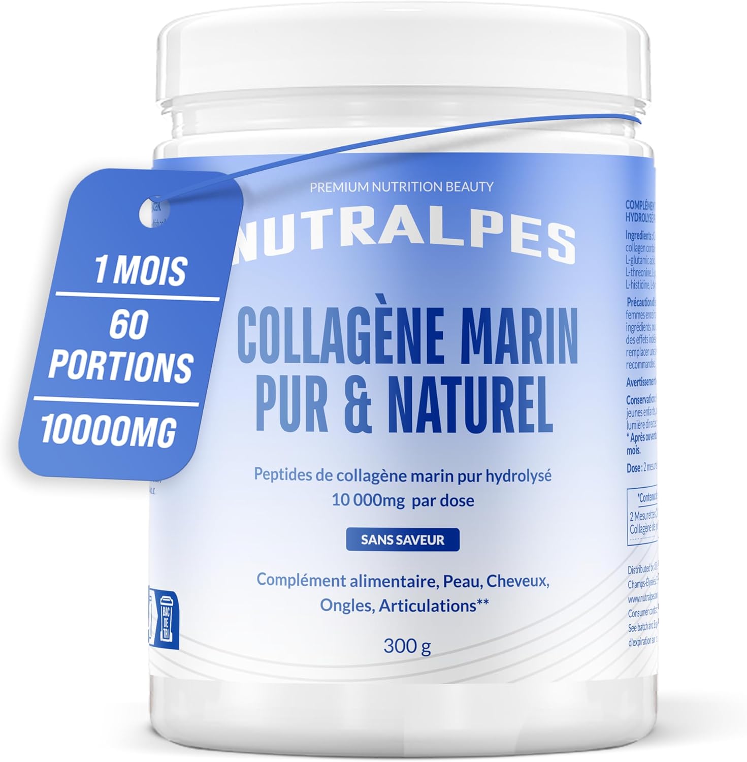 Nutralpes® Collagène Marin - 10 000 mg Par dose - Pur et Naturel - Peau, Cheveux, Ongles, Articulations - 300g En Poudre - Non aromatisé.