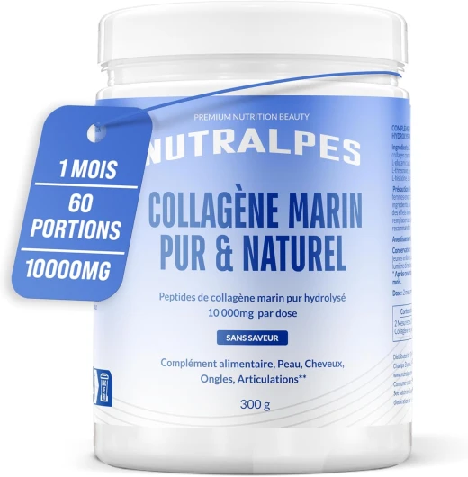 Nutralpes® Collagène Marin - 10 000 mg Par dose - Pur et Naturel - Peau, Cheveux, Ongles, Articulations - 300g En Poudre - Non aromatisé.