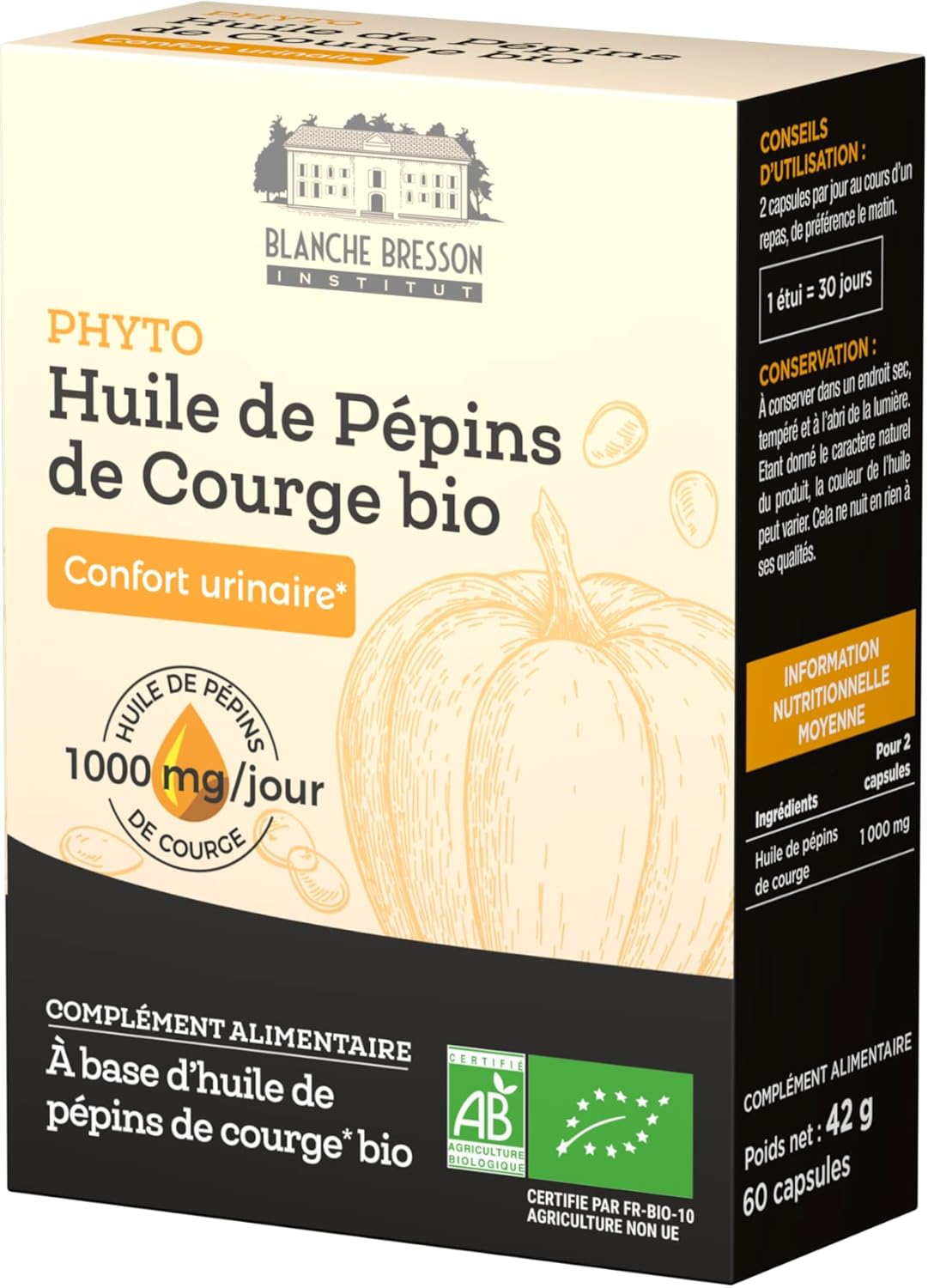 BLANCHE BRESSON - Huile de Pépins de Courge Bio - Confort Urinaire Homme, Débit & Volume Prostate, Diminution Envies d'Uriner, Débit Urinaire - 60 Capsules - Cure de 30 Jours - Fabriqué en France