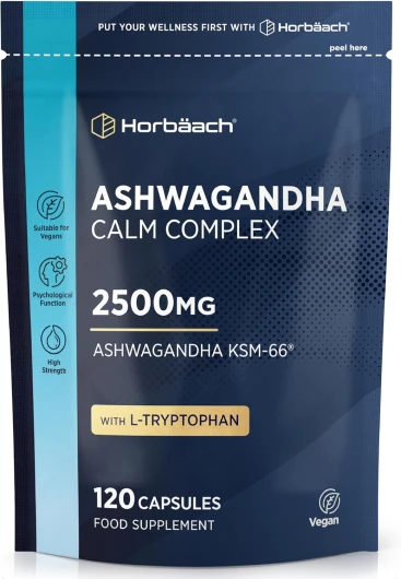 Ashwagandha KSM-66 Complex 2500mg - 120 Gélules Vegan - Avec Tryptophane Plus Vitamine B12 et B6 - Extrait de Poivre Noir et Niacin - Ashwagandha Withanolides - Haute Dosage - by Horbaach