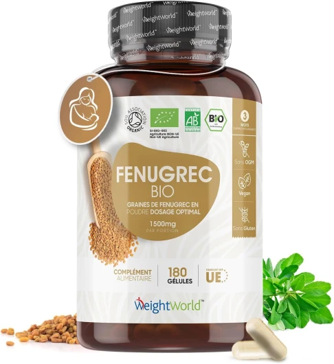 Fenugrec en Gélule de 1500 mg - 180 Gélules Pour 3 Mois - Fenugrec Bio Riche en Protéine et Vitamine - Produit Certifié par Agriculture Biologique - Végan Sans Gluten et Lactose