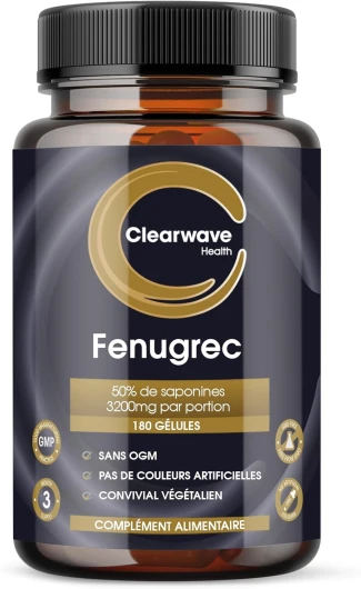 Fenugrec 3200 mg par portion quotidienne - 180 capsules de fenugrec à haute teneur faciles à avaler - 50% de saponines - Approvisionnement de 90 jours - Extrait de graines de fenugrec au ratio 10:1