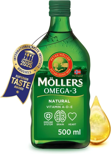 Moller’s ® - Huile de foie de morue oméga 3 - Compléments alimentaires oméga-3 avec EPA, DHA, vitamines A, D et E - Prix Superior Taste - Marque vieille de 166 ans - Neutre - 500 ml
