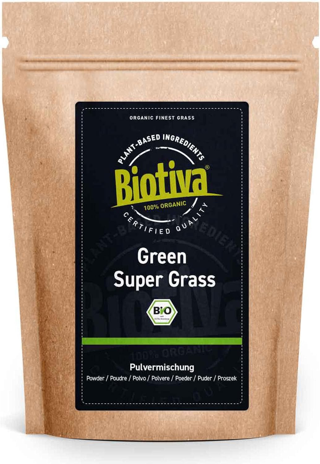 Green Super Gras poudre bio 400g - poudre d'herbe d'orge & d'herbe de blé - idéal dans le muesli, le yaourt, les smoothies et les jus - certifié et contrôlé en Allemagne - Biotiva