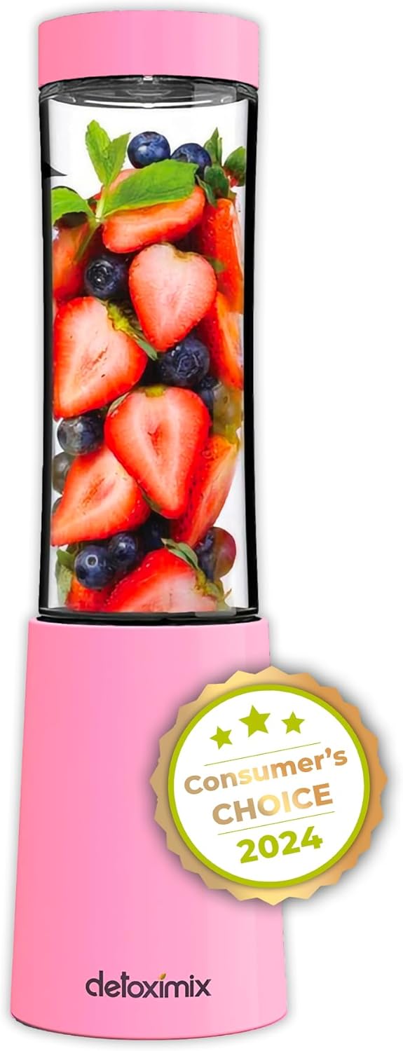 Mini Blender Compact 150W 280ml - Smoothie Milk-shake Jus Fruits ou Légumes - 2 Bouteilles Gourdes avec Couvercle de Voyage + Livret de Recettes Inclus - Plastique sans BPA 4 Lames - Rose
