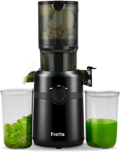 Extracteur de jus, Fretta Extracteur de jus de fruits et légumes, Slow Juicer Grand diamètre de 108 mm, 1L Très grande capacité, Pression à Froid, Facile à nettoyer, Sans BPA (Noir, 1L)