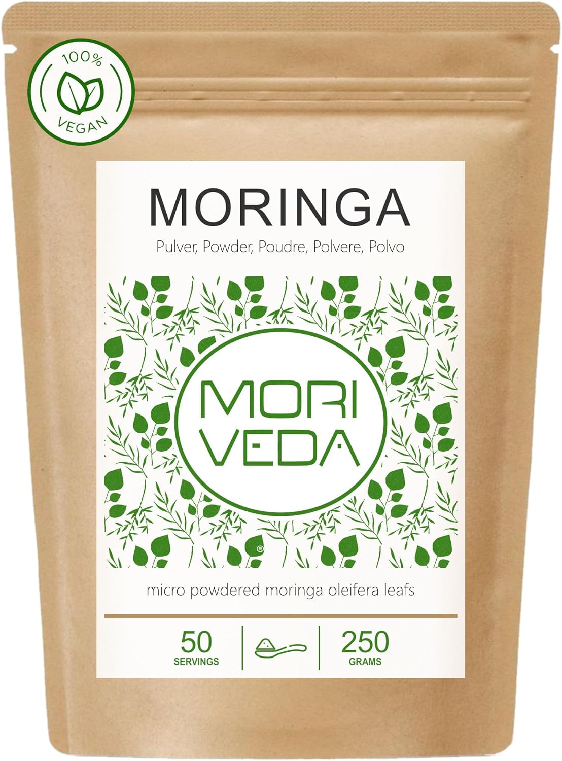 Moringa en poudre 250g - vegan et sans gluten - la poudre de feuilles microfine oleifera – vitamines protéines acides aminés micronutriments avec une biodisponibilité maximale - par MoriVeda - 1x250g
