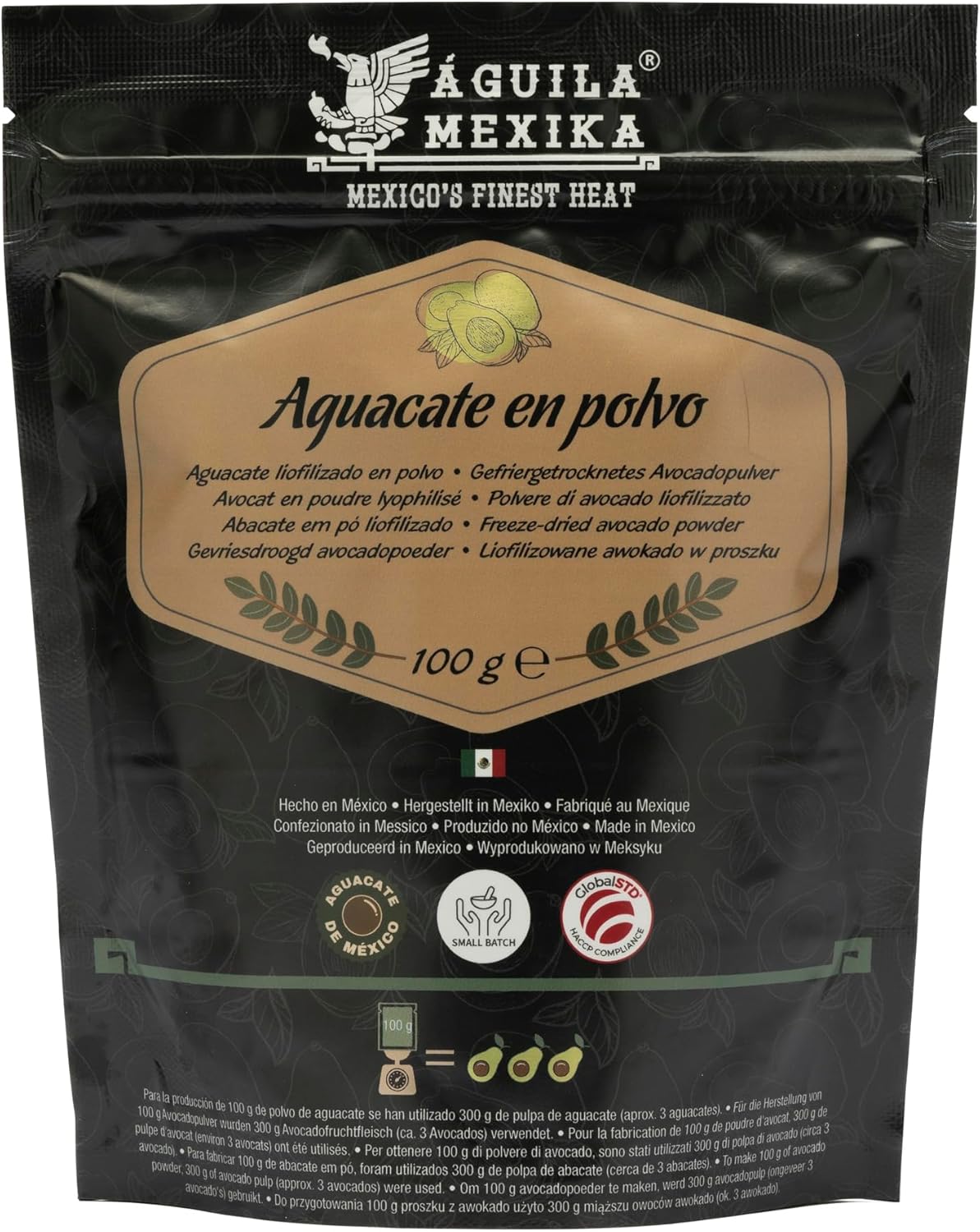 ÁGUILA MEXIKA - Poudre d'avocat (lyophilisée) d'avocats mexicains - Il suffit d'ajouter de l'eau, de mélanger et votre guacamole est prêt en quelques secondes.