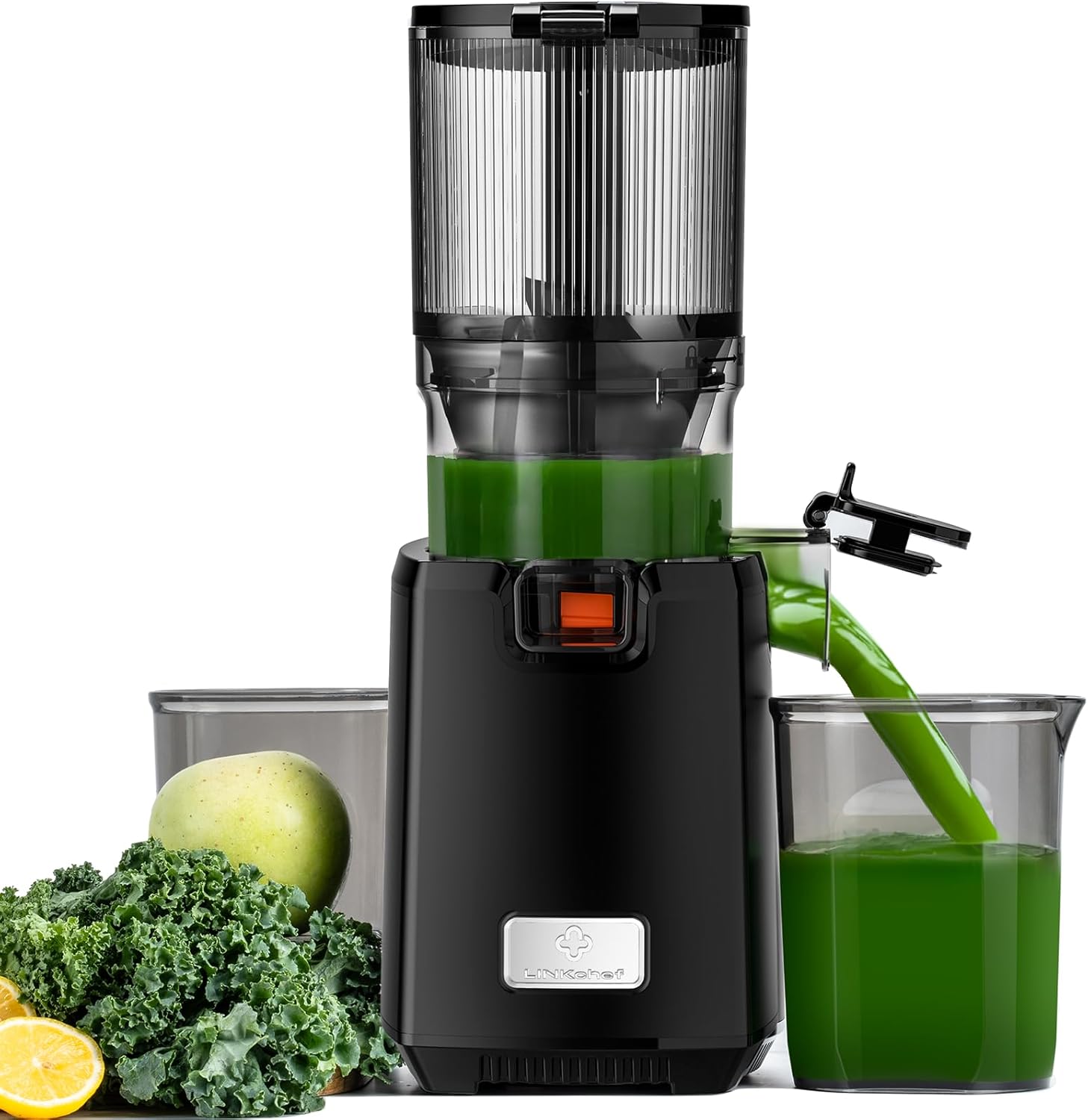 LINKChef Extracteur De Jus de Fruits et Légumes Entiers, 130MM Calibre et 1.8L Capacité Centrifugeuse, 250W Slow Juicer Machine Avec Fonction Inverse, Facile à Installer et à Nettoyer, Sans BPA, Noir