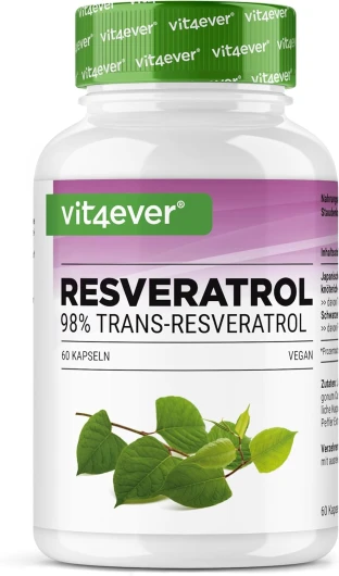 Resvératrol - 520 mg par gélule - 98% trans-resvératrol de l'extrait de racine de renouée du Japon 100:1 + pipérine pour une biodisponibilité optimisée - 60 gélules - Hautement dosé - Vegan