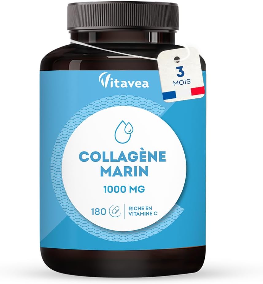 Collagène Marin Type 1&3, 1000mg -Bas poids moléculaire, haute absorption - Peptides Marins Hydrolysés - Avec Vitamine C - Peau & Articulations - 180 comprimés, 3 mois - Fabriqué en France - Vitavea