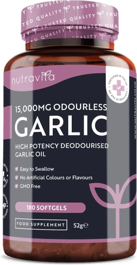 Ail inodore en Gélules à haute concentration 15000 mg - 180 gélules molles d’huile d’ail inodore d’Allium Sativum - Quantité suffisante pour 6 mois - Fabriqué au Royaume-Uni par Nutravita