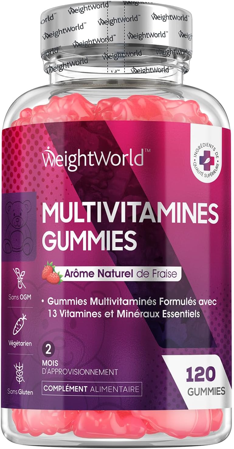 Gummies Multivitamines et Minéraux, 120 Gummies Au Goût Naturel Fraise, Avec 13 Vitamines Minéraux Essentiels Vitamine A, B, C et D, Biotine et Zinc, Multivitamines Pour Adultes 2 Mois de Stock