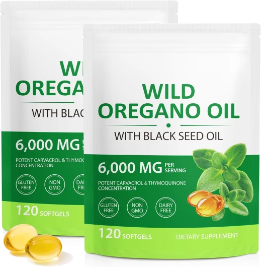 Capsules d'huile d'origan 240 gélules, Oregano Oil Capsules, d'origan bio végétaliennes capsules d'huile- 2 en 1 6000 mg d'huile d'origan avec 200 mg d'huile de nigelle, soutien digestif