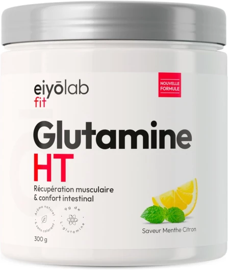 Glutamine HT - Poudre 100% Pure de L-Glutamine - 300 g - Récupération Musculaire et Santé Intestinale - 30 Portions de 10g - Acide Aminé Vegan et Sans Excipients - Goût Menthe Citron - Eiyolab
